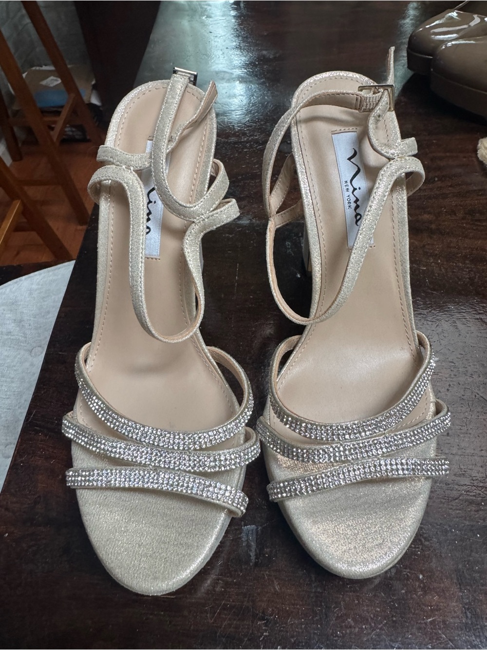 ANNA New York Champagne Rhinestone Strappy Heels